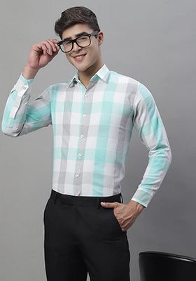 Sky Blue Checkered Cotton Shirt For Men