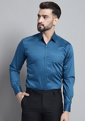Blue Cotton Blend Shirt For Men