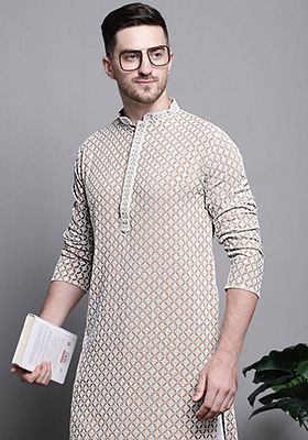 Beige Embroidered Cotton Kurta For Men