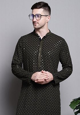 Mehndi Green Embroidered Cotton Kurta For Men