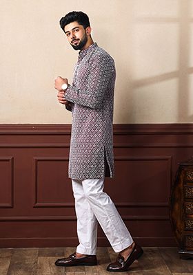 Wine Embroidered Art Silk Kurta Set For Men