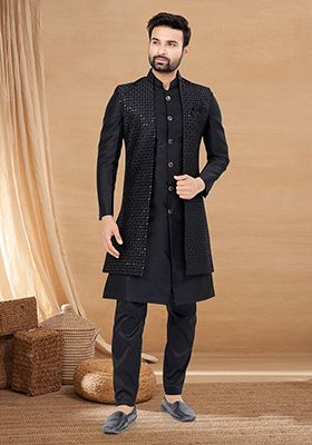 Black Embroidered Poly Blend Indo Western Jacket And Kurta Set For Men