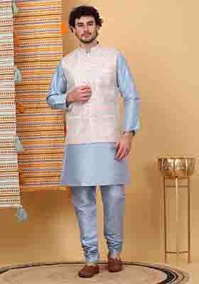 Blue And Cream Embroidered Silk Blend Nehru Jacket Set For Men