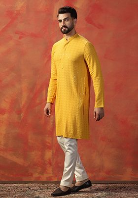 Yellow Embroidered Cotton Kurta For Men