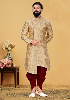 Gold Solid Silk Indowestern Sherwani Set For Men