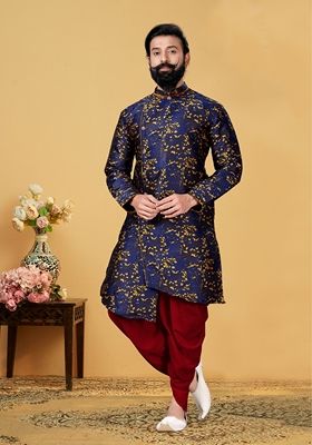 Blue Printed Silk Indowestern Sherwani Set For Men