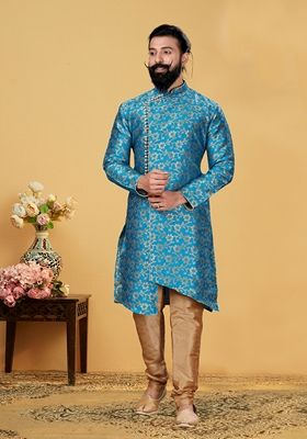 Light Blue Printed Silk Indowestern Sherwani Set For Men
