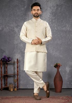 White Self Design Silk Nehru Jacket Set For Men