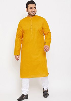 Mustard Yellow Plain Cotton Blend Kurta Set For Men