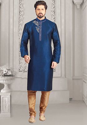 Royal Blue Embroidered Silk Kurta Set For Men