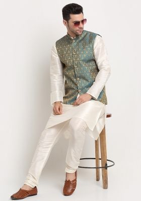 Blue Self Design Silk Nehru Jacket For Men