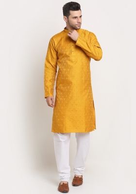 Yellow Woven Silk Blend Kurta Set For Men