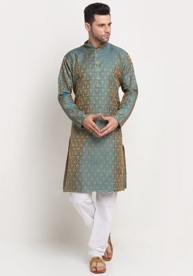 Blue Woven Silk Blend Kurta Set For Men