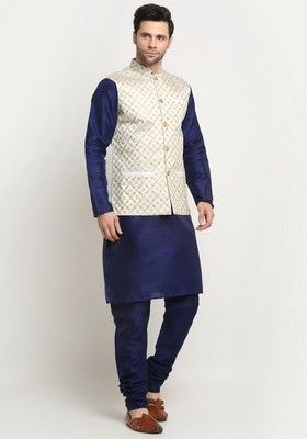 Navy Blue And Cream Embroidered Silk Blend Nehru Jacket Set For Men