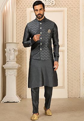 Grey Sequence Embroidered Silk Kurta Set For Men