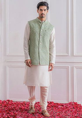Pista Green And White Sequence Embroidered Silk Kurta Set For Men