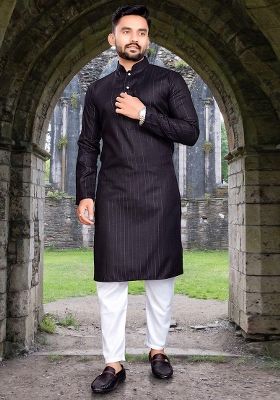 Black Slub Cotton Silver Weaving Mens Kurta Pyjama For Men