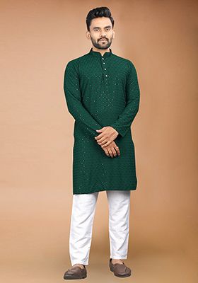 Green Rayon Schiffli Work Kurta With Pyjama For Men