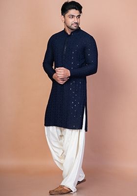 Navy Blue Embroidery Cotton Blend Kurta Patiala Set For Men