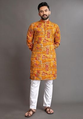Yellow Embroidered Cotton Kurta With Pyjama For Men