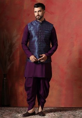 Navy Blue Embroidered Jacquard Nehru Jacket For Men