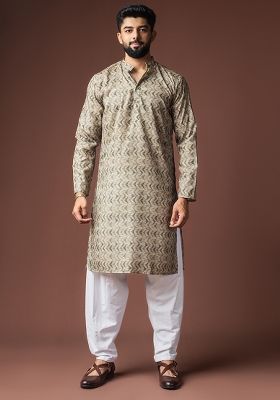 Mehendi Green Printed Linen Kurta For Men