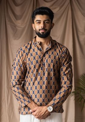 Blue Printed Blended Linen Short Kurta For Men
