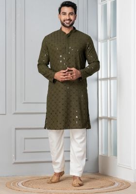 Olive Embroidery Silk Kurta Pyjama Set For Men