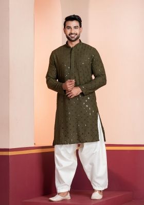 Olive Embroidery Silk Kurta Patiala Set For Men