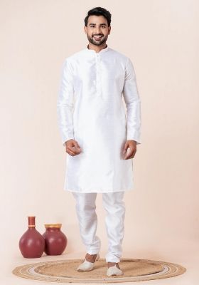 White Solid Silk Kurta Churidar Set For Men