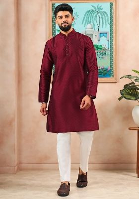 Maroon Woven Silk Kurta Set For Men