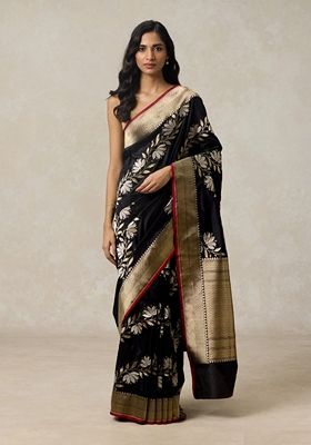 Black Machine Embroidered Banarasi Soft Silk Saree Set