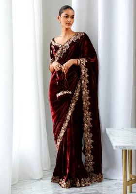 Maroon Embroidered Velvet Saree Set