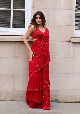 Red Embroidered Poly Blend Saree Set