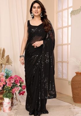 Black Sequin Embroidered Georgette Pre Stitched Saree