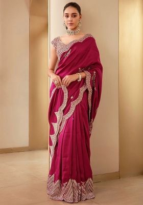 Rani Pink Embroidered Vichitra Silk Saree Set