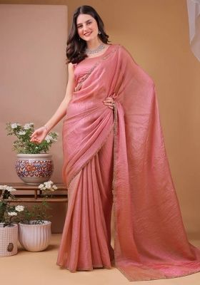 Dark Peach Handwork Lace Fendy Chiffon Saree Set