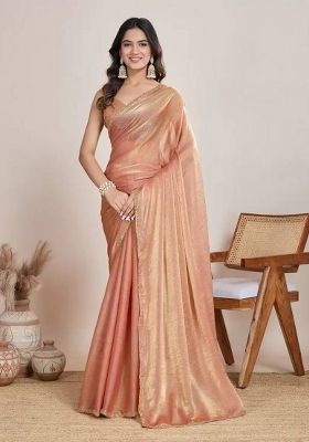 Peach Handwork Lace Fendy Chiffon Saree Set