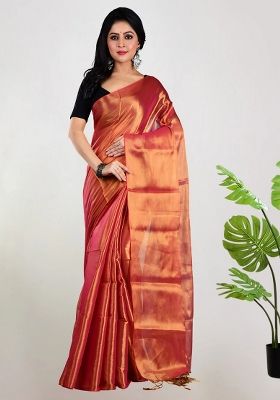Orange Embroidered Tissue Saree Set
