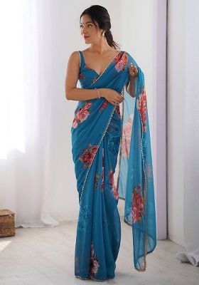 Blue Embroidery Silk Saree Set