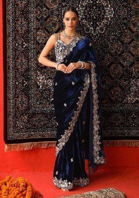 Blue Embroidery Viscose Saree Set
