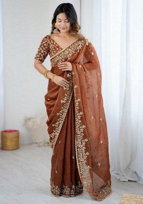 Coffee Embroidered Art Silk Saree Set